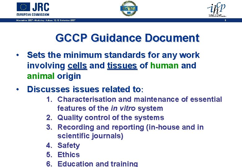 Alternatives 2007 –Workshop, Ankara, 12 -13 November 2007 GCCP Guidance Document • Sets the