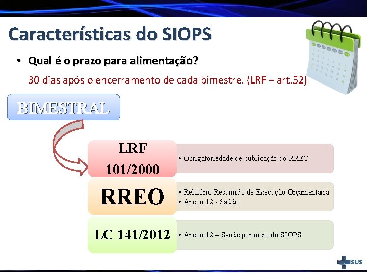 Características do SIOPS • Qual é o prazo para alimentação? 30 dias após o