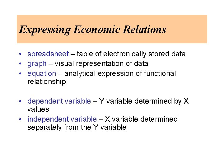 Expressing Economic Relations • spreadsheet – table of electronically stored data • graph –