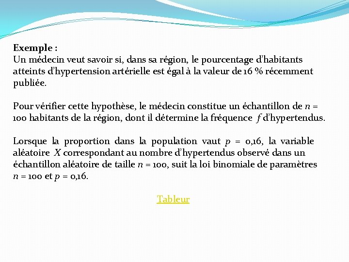 Exemple : Un médecin veut savoir si, dans sa région, le pourcentage d’habitants atteints