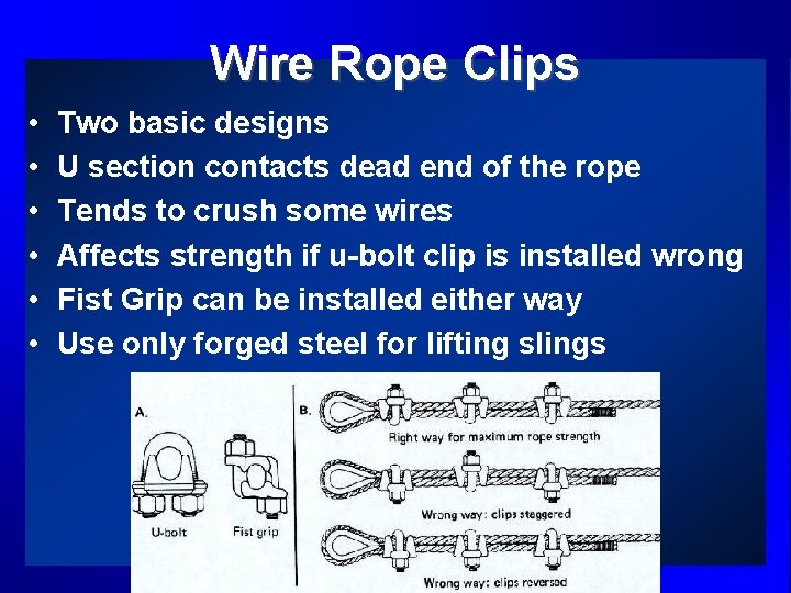 Wire Rope Clips • • • Two basic designs U section contacts dead end