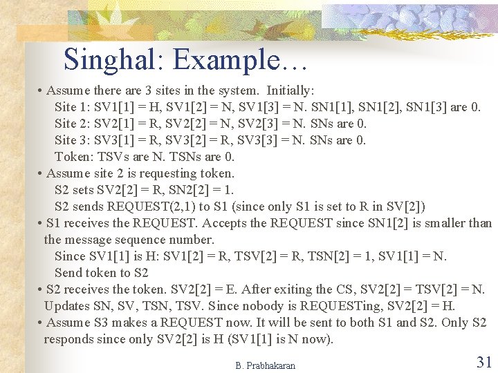 Singhal: Example… • Assume there are 3 sites in the system. Initially: Site 1: Singhal: Example… • Assume there are 3 sites in the system. Initially: Site 1: