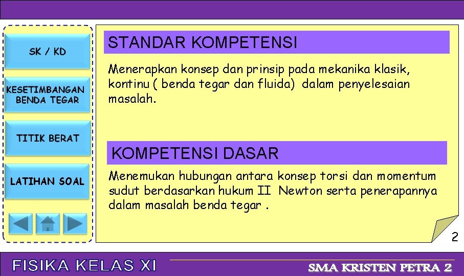 STANDAR KOMPETENSI Menerapkan konsep dan prinsip pada mekanika klasik, kontinu ( benda tegar dan