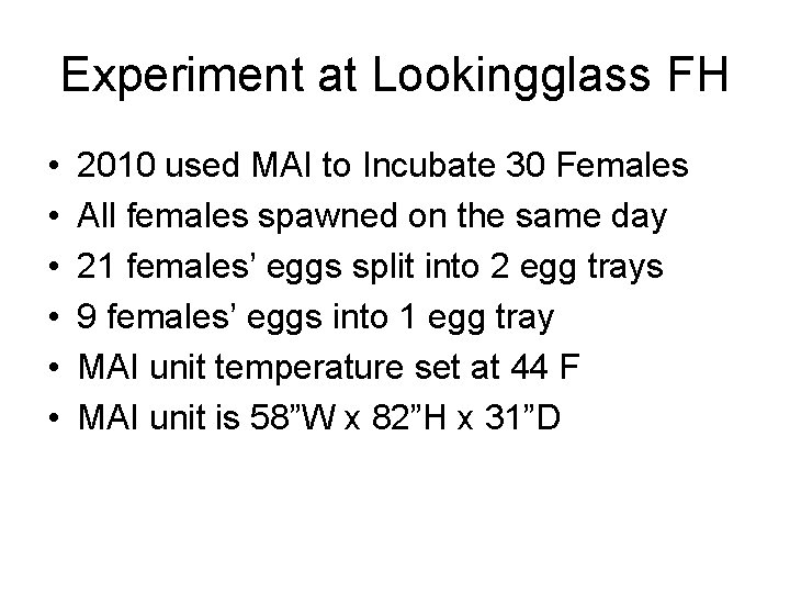 Experiment at Lookingglass FH • • • 2010 used MAI to Incubate 30 Females