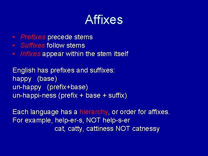 Affixes • Prefixes precede stems • Suffixes follow stems • Infixes appear within the