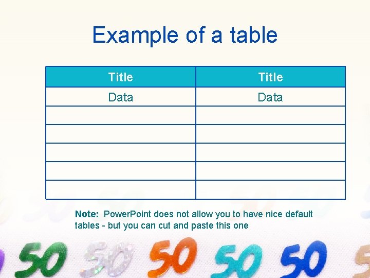 Example of a table Title Data Note: Power. Point does not allow you to