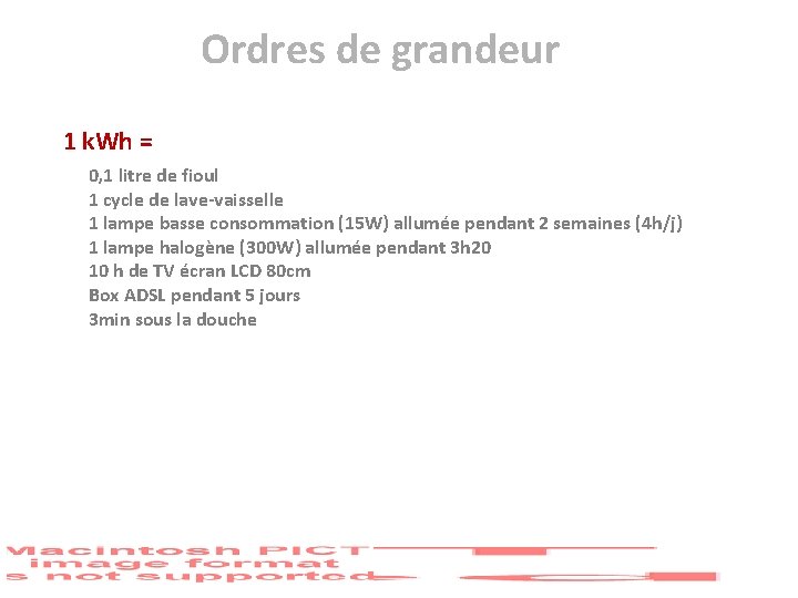 Ordres de grandeur 1 k. Wh = 0, 1 litre de fioul 1 cycle