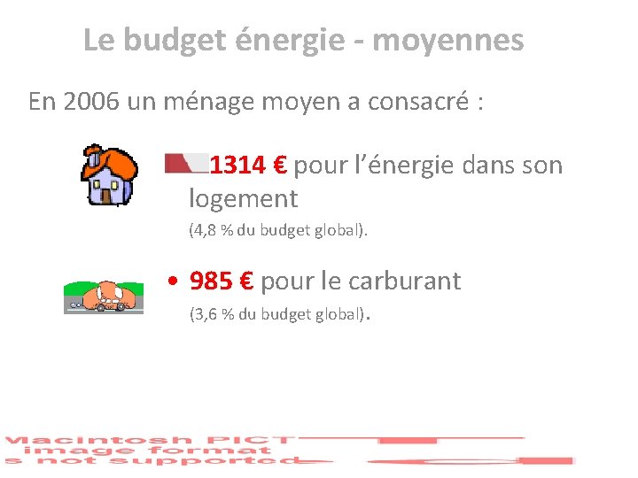 Le budget énergie - moyennes En 2006 un ménage moyen a consacré : 1314