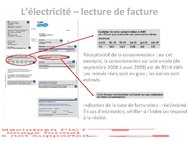 L’électricité – lecture de facture Récapitulatif de la consommation : sur cet exemple, la