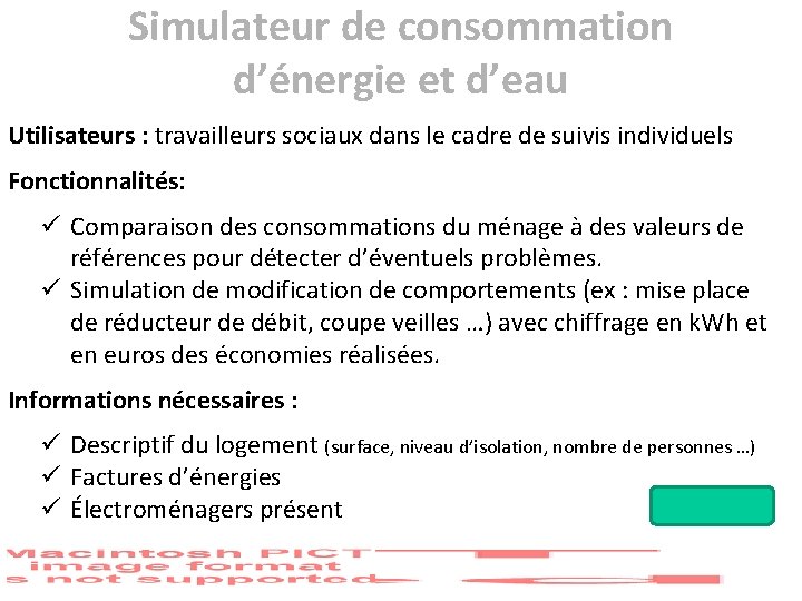 Simulateur de consommation d’énergie et d’eau Utilisateurs : travailleurs sociaux dans le cadre de