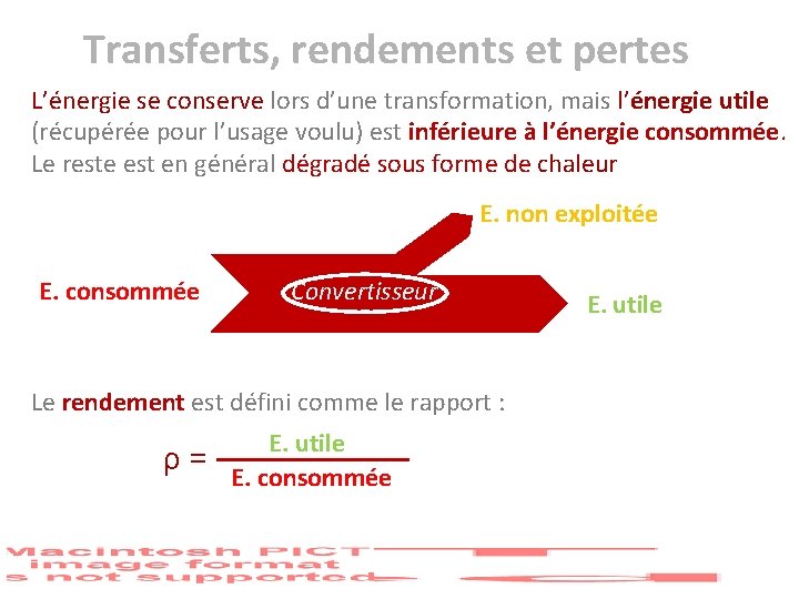 Transferts, rendements et pertes L’énergie se conserve lors d’une transformation, mais l’énergie utile (récupérée