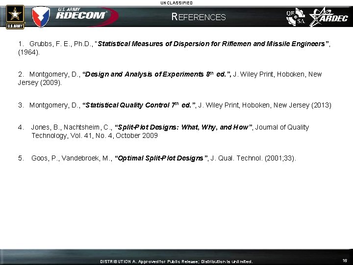 UNCLASSIFIED REFERENCES 1. Grubbs, F. E. , Ph. D. , “Statistical Measures of Dispersion