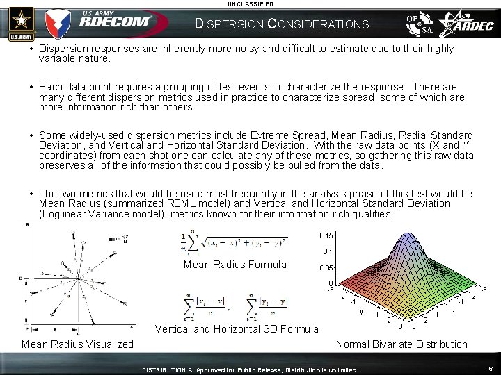 UNCLASSIFIED DISPERSION CONSIDERATIONS • Dispersion responses are inherently more noisy and difficult to estimate