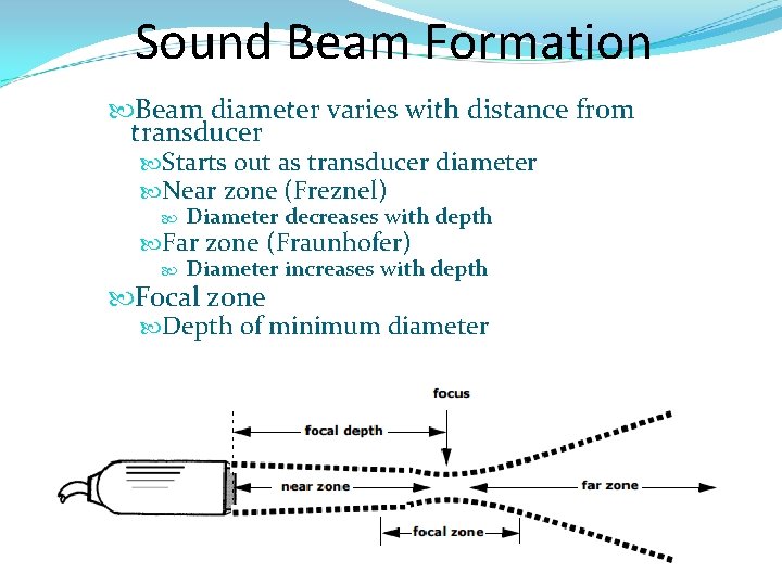 Sound Beam Formation Beam diameter varies with distance from transducer Starts out as transducer