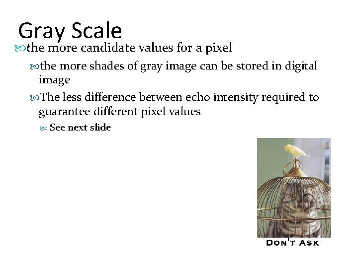 Gray Scale the more candidate values for a pixel the more shades of gray
