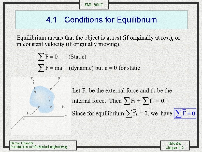 EML 3004 C 4. 1 Conditions for Equilibrium means that the object is at
