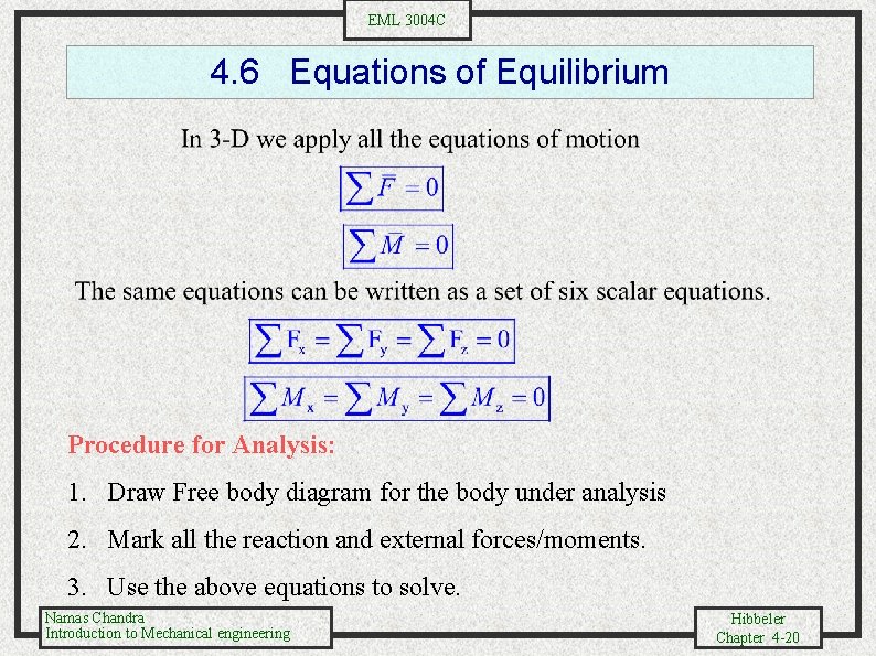 EML 3004 C 4. 6 Equations of Equilibrium Procedure for Analysis: 1. Draw Free