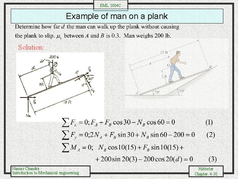 EML 3004 C Example of man on a plank Solution: Namas Chandra Introduction to