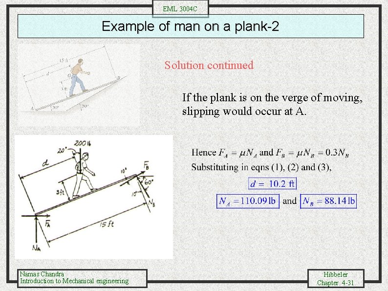 EML 3004 C Example of man on a plank-2 Solution continued If the plank