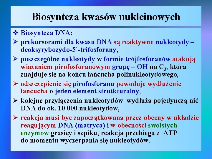 Biosynteza kwasów nukleinowych v Biosynteza DNA: Ø prekursorami dla kwasu DNA są reaktywne nukleotydy