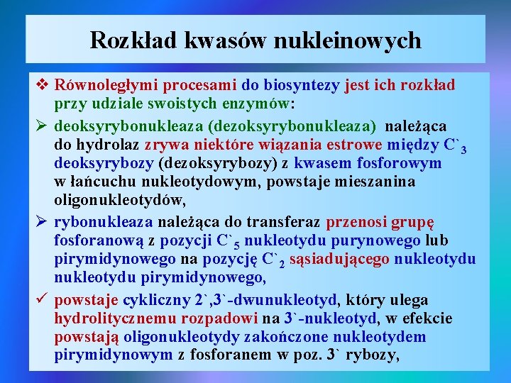 Rozkład kwasów nukleinowych v Równoległymi procesami do biosyntezy jest ich rozkład przy udziale swoistych