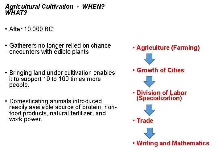 Agricultural Cultivation - WHEN? WHAT? • After 10, 000 BC • Gatherers no longer