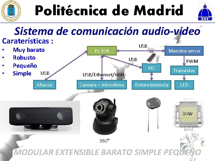 Politécnica de Madrid Sistema de comunicación audio-vídeo Caraterísticas : • • Muy barato Robusto