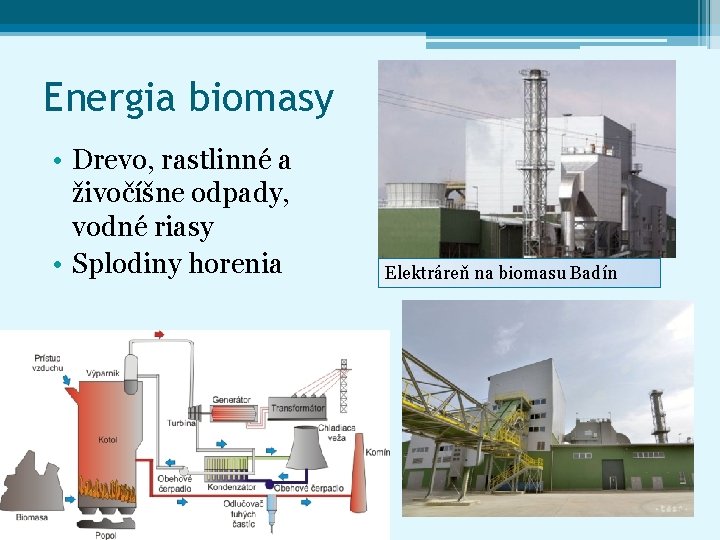 Energia biomasy • Drevo, rastlinné a živočíšne odpady, vodné riasy • Splodiny horenia Elektráreň