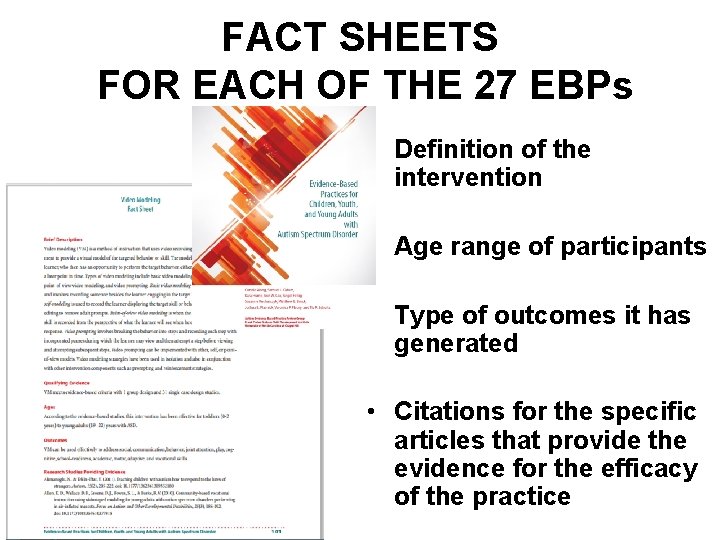 FACT SHEETS FOR EACH OF THE 27 EBPs • Definition of the intervention •
