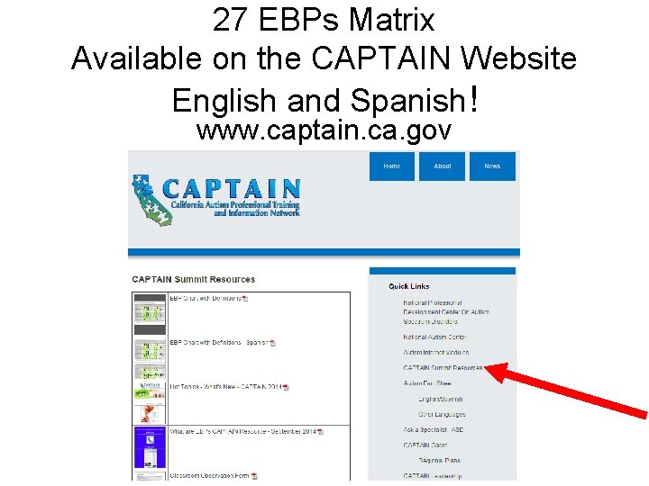 27 EBPs Matrix Available on the CAPTAIN Website English and Spanish! www. captain. ca.