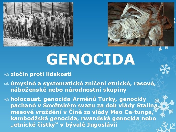 GENOCIDA zločin proti lidskosti úmyslné a systematické zničení etnické, rasové, náboženské nebo národnostní skupiny