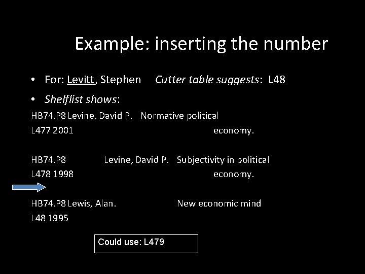 Example: inserting the number • For: Levitt, Stephen Cutter table suggests: L 48 •