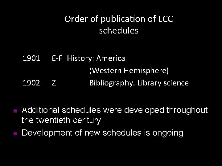 Order of publication of LCC schedules 1901 E-F History: America (Western Hemisphere) 1902 Z