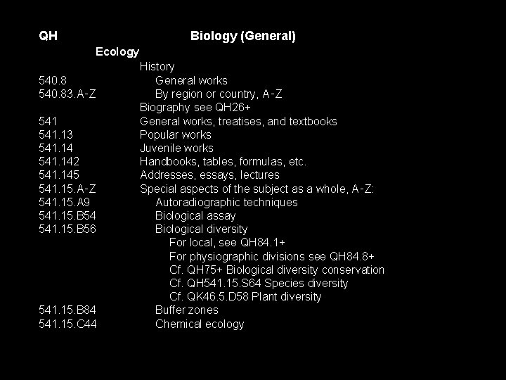 QH Biology (General) Ecology History 540. 8 General works 540. 83. A‑Z By region