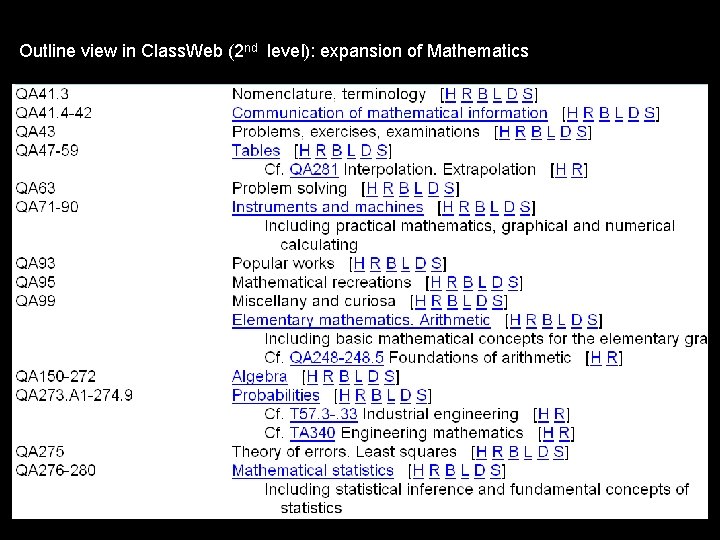 Outline view in Class. Web (2 nd level): expansion of Mathematics 