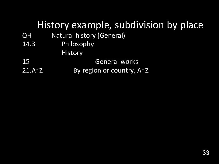 History example, subdivision by place QH 14. 3 15 21. A‑Z Natural history (General)