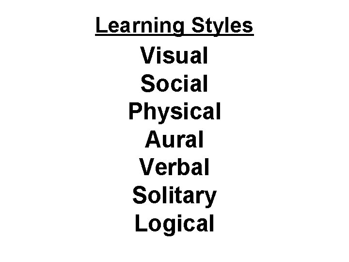 Learning Styles Visual Social Physical Aural Verbal Solitary Logical 