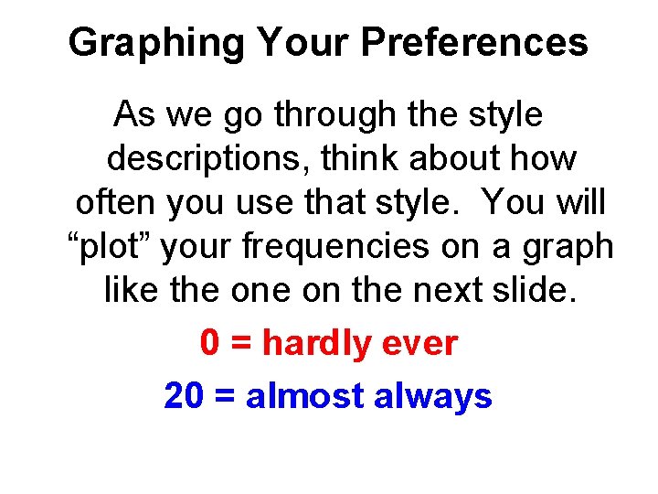 Graphing Your Preferences As we go through the style descriptions, think about how often