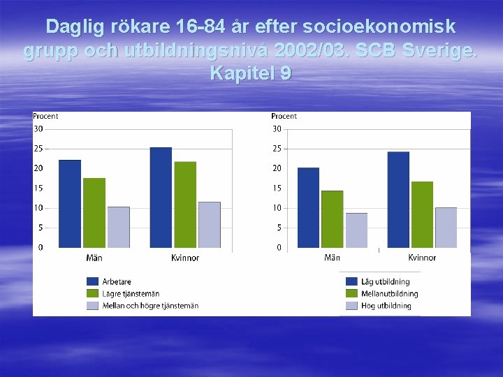 Daglig rökare 16 -84 år efter socioekonomisk grupp och utbildningsnivå 2002/03. SCB Sverige. Kapitel