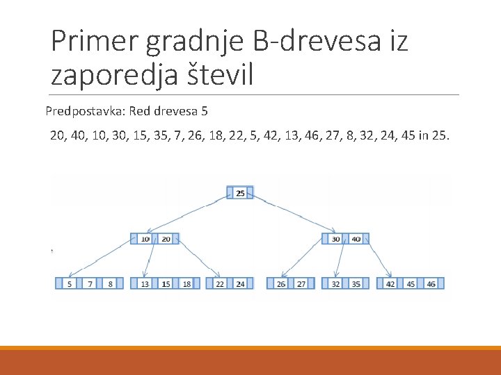 Primer gradnje B-drevesa iz zaporedja števil Predpostavka: Red drevesa 5 20, 40, 10, 30,