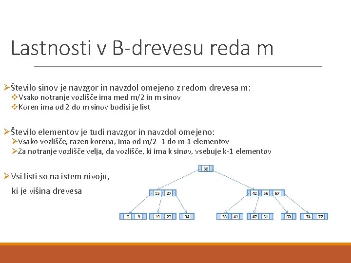 Lastnosti v B-drevesu reda m ØŠtevilo sinov je navzgor in navzdol omejeno z redom