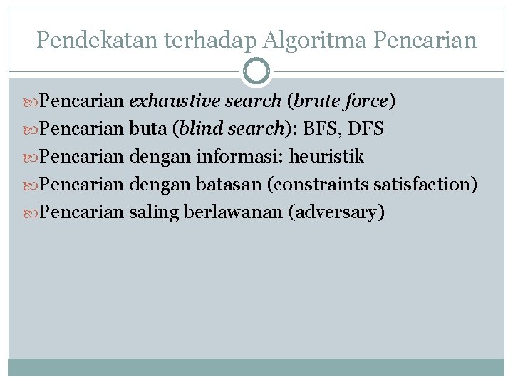 Pendekatan terhadap Algoritma Pencarian exhaustive search (brute force) Pencarian buta (blind search): BFS, DFS