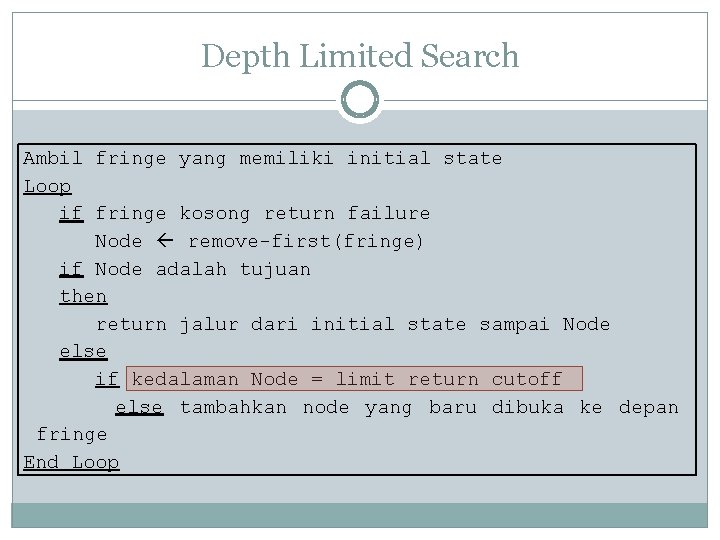 Depth Limited Search Ambil fringe yang memiliki initial state Loop if fringe kosong return