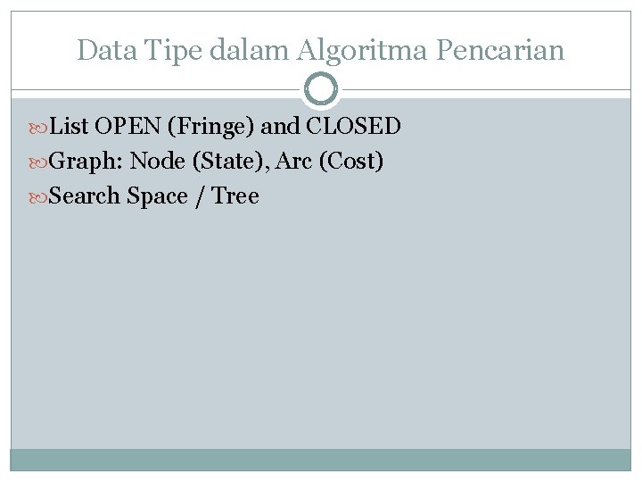 Data Tipe dalam Algoritma Pencarian List OPEN (Fringe) and CLOSED Graph: Node (State), Arc