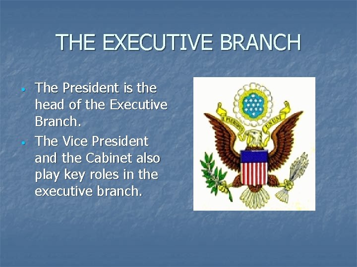 THE EXECUTIVE BRANCH • • The President is the head of the Executive Branch.