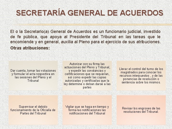 SECRETARÍA GENERAL DE ACUERDOS El o la Secretario(a) General de Acuerdos es un funcionario