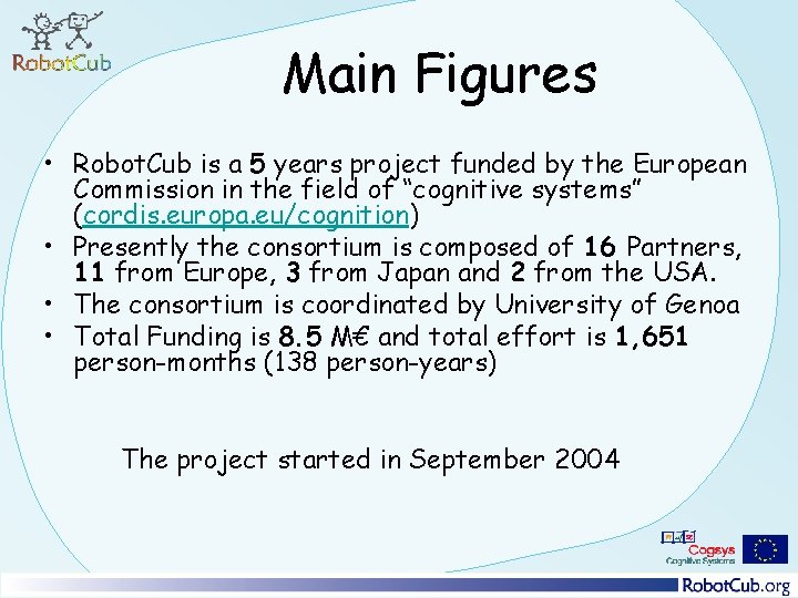 Main Figures • Robot. Cub is a 5 years project funded by the European