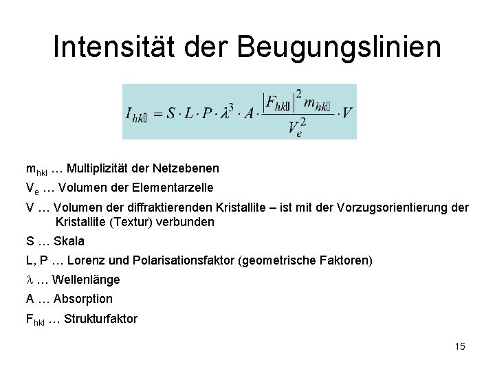 Intensität der Beugungslinien mhkl … Multiplizität der Netzebenen Ve … Volumen der Elementarzelle V