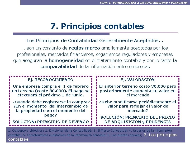 TEMA 1: INTRODUCCIÓN A LA CONTABILIDAD FINANCIERA 7. Principios contables Los Principios de Contabilidad