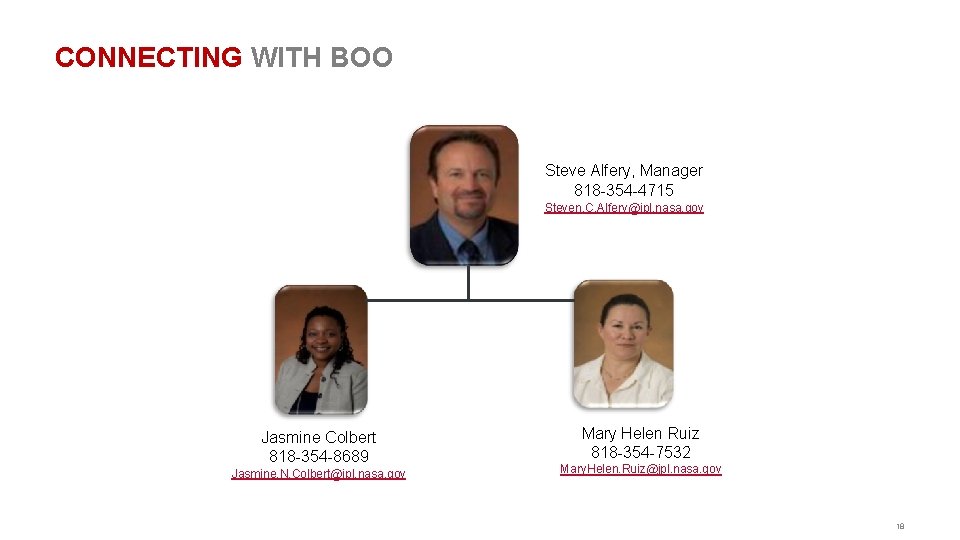 CONNECTING WITH BOO Steve Alfery, Manager 818 -354 -4715 Steven. C. Alfery@jpl. nasa. gov